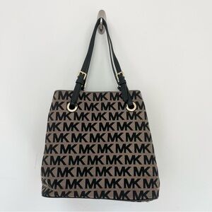 Michael Kors Jet Set Grab Bag Purse In Brown Signature Jacquard W Leather READ